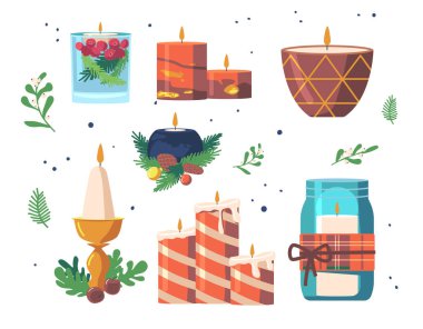 Dekoratif Yanan Mumlar, El yapımı Noel Tasarım Elementleri İzole Beyaz Arkaplanda. Kış için Xmas Dekorasyonu