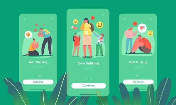 Teens Bullying Mobile App Page Modelo de tela a bordo. Adolescentes Abuso, Rindo e Apontando para os colegas de classe — Vetor de Stock