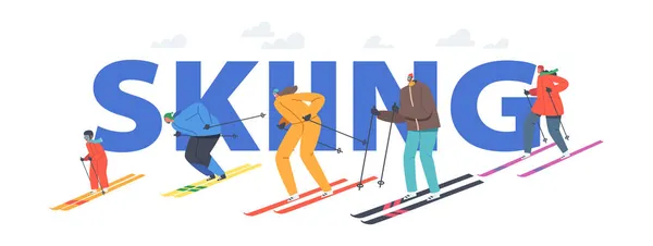 スキーの概念。冬のリゾートの雪の斜面でスキーに乗る人々。キャラクター旅行エンターテイメント,冬のアクティビティ — ストックベクタ