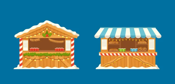 Βραδιά Χριστούγεννα Fair Market Stalls με φούρνο και ζεστά ροφήματα. Ξύλινα περίπτερα αναμνηστικών Χριστουγέννων ή τροφίμων, χειμερινά σπίτια — Διανυσματικό Αρχείο