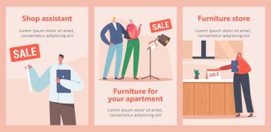 Aile Mobilya Karikatür Posterleri Satın Alma. Çift Karakterleri Dükkanda Danışman 'ın yardımıyla Ev Malları Satın Aldı