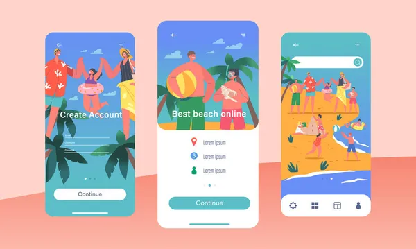 Lycklig familj på stranden Mobile App Page Onboard Screen Mall. Mor, far, dotter och Söner vid havet — Stock vektor