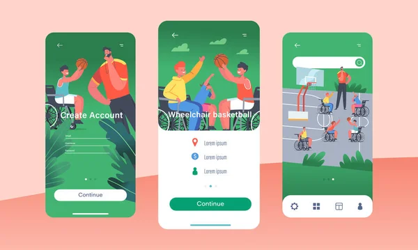 Silla de ruedas Baloncesto Mobile App Page Plantilla de pantalla a bordo. Entrenamiento de atletas paralímpicos para niños discapacitados paralizados — Archivo Imágenes Vectoriales