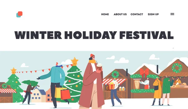 Winter Holiday Festival Landing Page Template. Gelukkige mensen op de kerstmarkt. Mannen en vrouwen kopen geschenken en boom — Stockvector