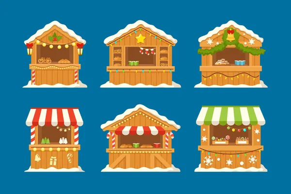 Sada Vánoční Kiosk s pekařstvím, cukrovinkami a teplými nápoji. Tržní stánky s Vánočním jídlem. Dřevěné zimní zdobené domy — Stockový vektor