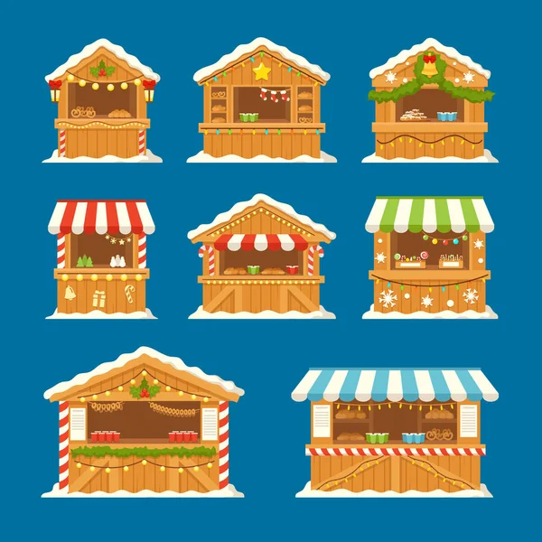 Definir barracas de mercado de Natal com alimentos, doces e bebidas quentes. Lembrança de madeira de Natal ou quiosques de padaria, casas de inverno — Vetor de Stock