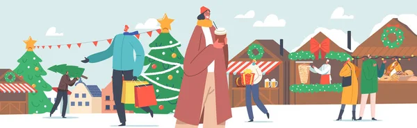 크리스마스 마켓에서 행복 한 사람들. 선물 과 나무를 사는 남녀들 이여, 축일을 위한 선물 과함 께 쇼핑백을 가지고 간다 — 스톡 벡터