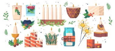 El yapımı Noel Mumları, Beyaz Arkaplanda Ayrı Tasarım Elementleri. Kış Tatilleri için Xmas Dekorasyonu