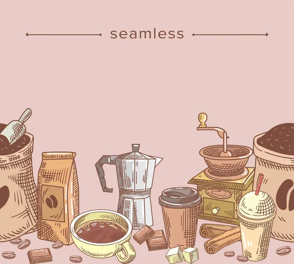 Sömlös Doodle mönster kaffe leveranser paket, socker och muggar med choklad och pott. säck med bönor, plastmugg — Stock vektor