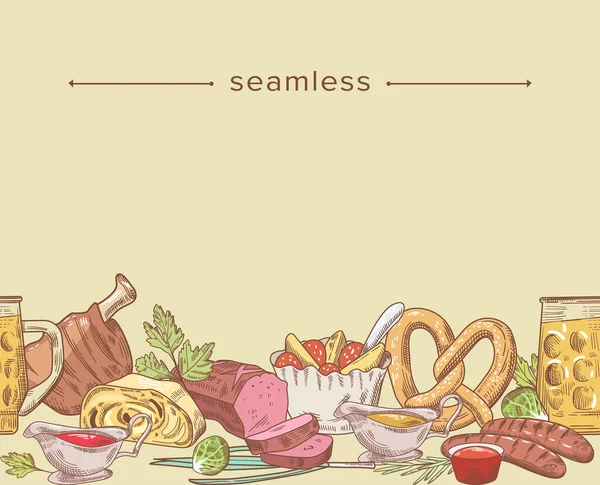 German Cuisine, Traditional Dishes of National European Food. Doodle Seamless Pattern with Beer Mug, Sausages, Pretzel