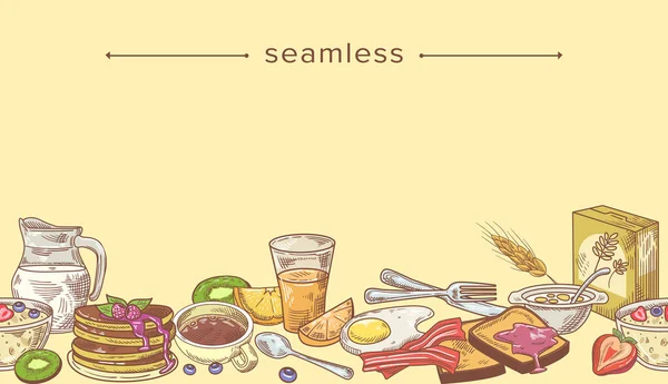 Patrón sin costura con comidas para el desayuno, Composición de panqueques, té, jugo de naranja, huevos fritos con frontera de tocino — Archivo Imágenes Vectoriales