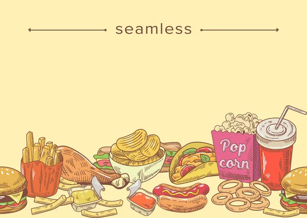 Sketch Fast Food Mahlzeiten Doodle Soda Drink und Burger mit Pommes. Gravierte einfarbige Kartoffelchips, Hot Dog — Stockvektor