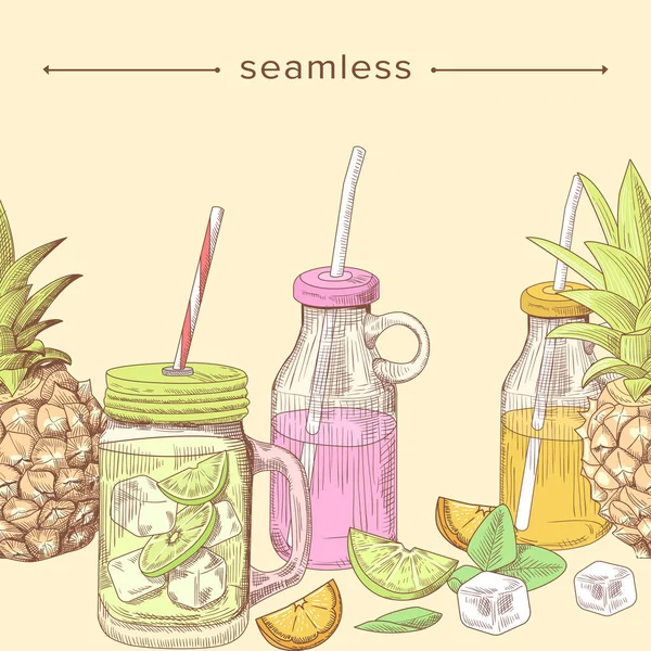 Boceto cóctel de verano y bebidas de frutas sin costura Doodle fondo. Rodajas de piña, lima o limón y cubitos de hielo — Archivo Imágenes Vectoriales