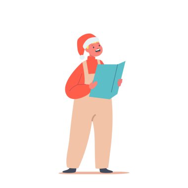 Noel Baba 'nın Şirin Küçük Çocuğu Şarkı Söylüyor. Çocuk Caroling, Mutlu Çocuk Karakteri Örgü Kazak Giyin Şarkı Söyleyen Şarkılar