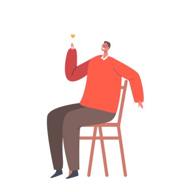 Ev veya Bar 'da Erkek İçkisi, Erkek Karakteri Sandalyeye Oturup Şarap Kadehini Beyaz Arkaplanda İzole Edildi