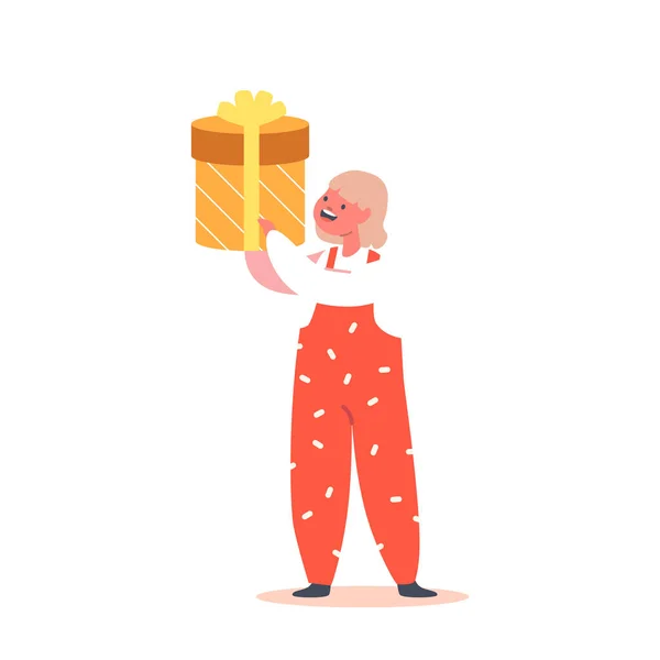 Štěstí, koncepce radosti. Malé děťátko s dárkem v ruce, šťastné radostné dítě dostal dárek k narozeninám nebo Vánocům — Stockový vektor