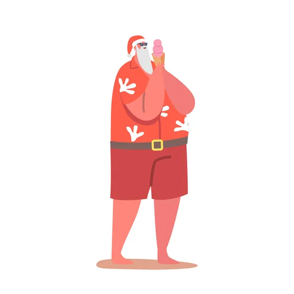 Santa Claus Relájese en Ocean Resort. Personaje en gafas de sol disfrutando de helado en la playa aislado sobre fondo blanco — Archivo Imágenes Vectoriales