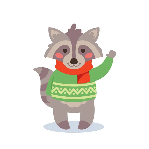 Mýval nosí legrační zimní svetry a šála mávání rukou pozdrav Nový rok nebo Vánoce. Roztomilý zvířecí kreslený znak — Stockový vektor
