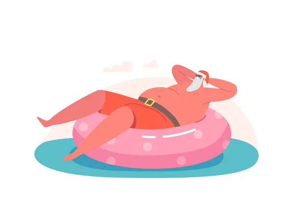 Расслабленный Санта-Клаус в шляпе плавающего надувного кольца в бассейне или океане. Рождественские каникулы, зимние праздники — стоковый вектор