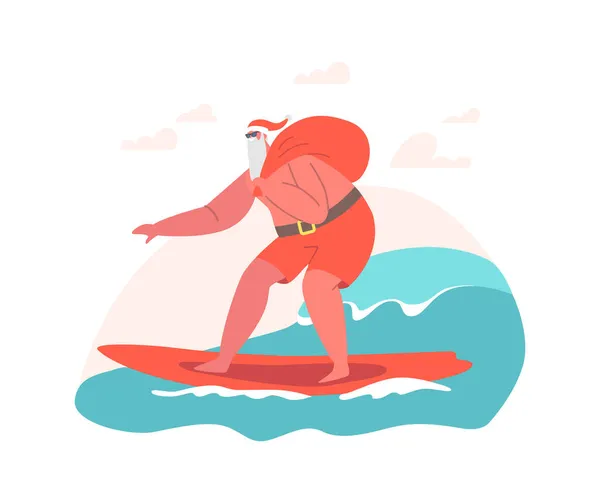 Santa Claus personaje con sombrero de Navidad y pantalones cortos rojos Surf Ocean Wave en la tabla de surf. Vacaciones tropicales de verano — Vector de stock