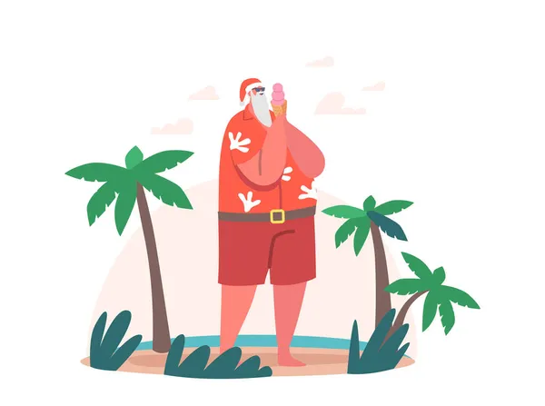Der Weihnachtsmann in Sonnenbrille und Hipster-Anzug genießt Eis am Strand mit tropischen Palmen. Weihnachten entspannen — Stockvektor