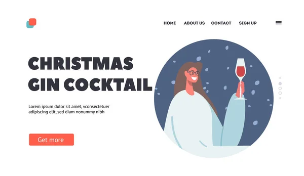 Vánoční Gin Cocktail Landing Page Template. Mladý veselý drink Alkohol doma nebo v baru. Opilá dívka slaví svátky — Stockový vektor