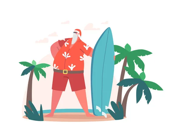 Weihnachtsmann mit Weihnachtsmütze und rotem Hemd und kurzer Hose steht mit Surfbrett am Ocean Beach, Urlaub — Stockvektor