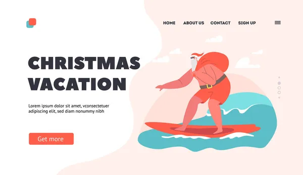 Χριστουγεννιάτικες διακοπές Προσγείωση Πρότυπο σελίδας. Άγιος Βασίλης Χαρακτήρας Φορέστε καπέλο και κόκκινα σορτς Surfing Ocean Wave στο Surf Board — Διανυσματικό Αρχείο