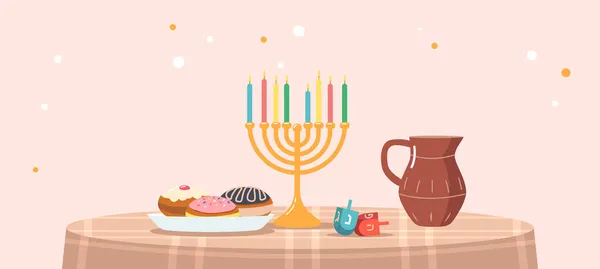 Interior de la habitación con mesa servida para celebrar Hanukkah, Festival Judío de las Luces. Velas en Menorah tradicional, jarra — Vector de stock