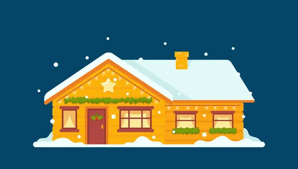 屋顶上有雪的圣诞私人住宅、冷杉树枝、冬青百合、门窗上有花园 — 图库矢量图片