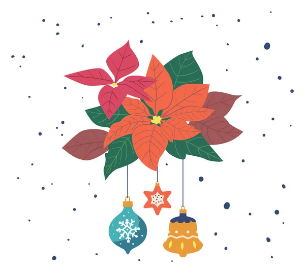 Poinsettia Plante avec jouets de Noël, Branche d'hiver avec feuilles, Élément floral pour invitation, Conception de carte de vœux — Image vectorielle