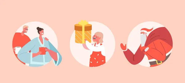 Празднование Рождества в семье. Мать и отец дома Одежда Пить чай, Baby Hold подарочная коробка, Санта-Клаус с мешком — стоковый вектор
