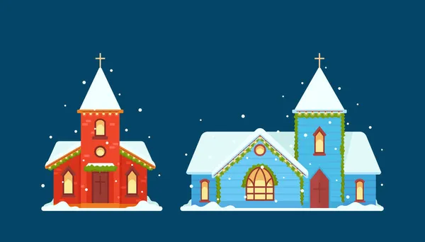 Noel Kiliseleri, Çatısında Haç ve Karla kaplı Katolik Tapınakları ve Mavi Arkaplanda İzole Edilmiş Kemerli Pencereler — Stok Vektör