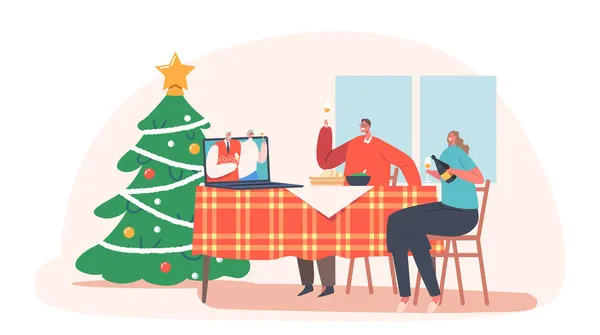 Vánoční večírek Online, Rodina slaví Vánoce na dálku. Vzdálená sváteční oslava, Vánoce nebo Nový rok během uzamčení — Stockový vektor
