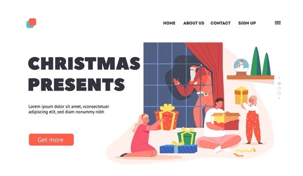 Karácsonyi ajándékok Landing Page Template. Boldog Családi Karácsonyt Ünneplés, Gyerekek Nyitott Ajándékok Ünnepelni Éva Otthon — Stock Vector