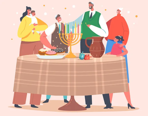 Israël Famille Célébrez Hanoukka vacances, Festival juif des lumières. Les parents et les enfants allumant des bougies sur Menorah — Image vectorielle