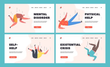 Düşen Mutsuz Karakterler İniş Sayfa Şablonu Ayarlandı. Şok olmuş insanlar tökezliyor, kayıp düşüyor, kaza yapıyor.