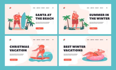 Noel Baba Tatil İniş Sayfa Şablonu Ayarlandı. Okyanusta Tropikal Tatil Sörfüne Seyahat Eden Noel Karakteri
