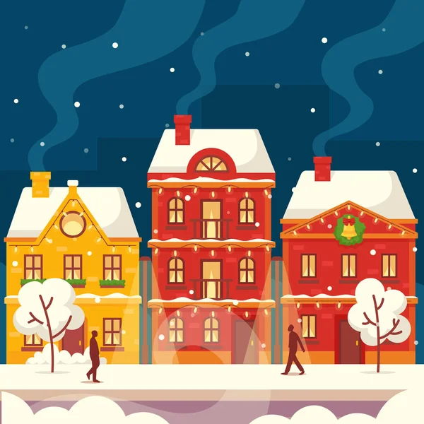 Winter City utca évjáratú házakkal, éjszakai város hóeséssel havas fákkal és járókelőkkel az épületek mentén — Stock Vector