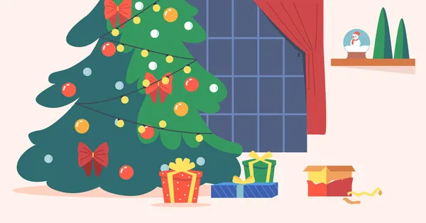 Комната в Рождественскую ночь, пустой интерьер с украшенной елкой с подарками и подарками и широким занавесом окна — стоковый вектор