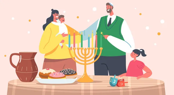 Pai, Mãe e Crianças Celebrando Hanukkah, Festival Judaico de Luzes. Pai Usar Kippah Iluminação Velas em Menorah — Vetor de Stock