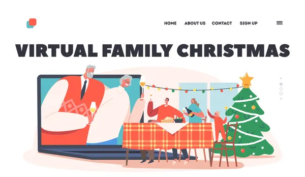Virtual Family Weihnachten Landing Page Template. Großeltern, Eltern und Kind klimpern mit der Brille durch Laptop Online — Stockvektor