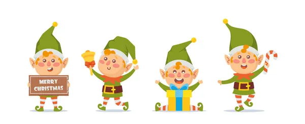 Elfes de Noël isolés sur fond blanc. Bundle of Santa Helpers Holding bonbons de vacances, cadeaux et décorations — Image vectorielle