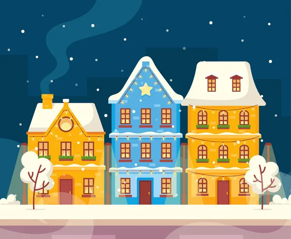 雪の木とナイトヴィンテージタウンストリート。レトロな家、かわいい装飾された建物と空の冬の街 — ストックベクタ