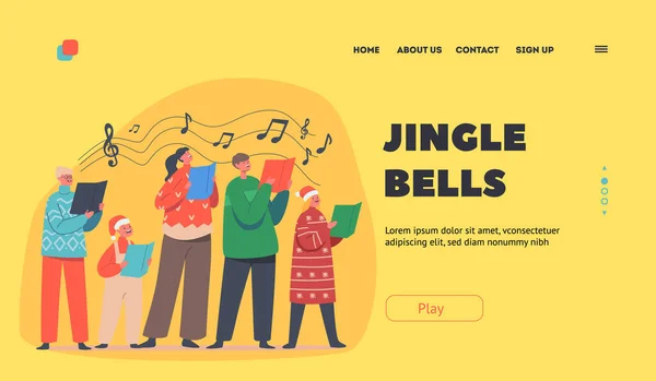 Jingle Bells Landing Page Template. Gelukkig kinderen Kerstmis in de kerstman hoeden zingen kerstliedjes Holding Song Books — Stockvector