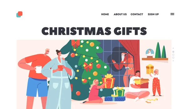 Weihnachtsgeschenke Landing Page Template. Große Happy Family Weihnachtsfeier, Eltern und Kinder feiern Open People — Stockvektor