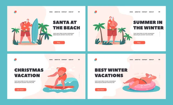 Conjunto de plantillas de página de aterrizaje de Santa Claus on Vacation. Carácter navideño Viajar a Tropical Resort Surfear en el océano — Archivo Imágenes Vectoriales