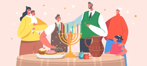 Happy Family with Kids Celebrating Hanukkah Jewish Festival of Lights. Parents et enfants portent des bougies d'éclairage Kippah — Image vectorielle