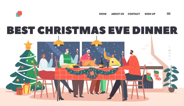 Heiligabend Dinner Landing Page Template. Familie stößt bei Heiligabend zu Hause mit Wein an Sitzen am Wohnzimmertisch — Stockvektor