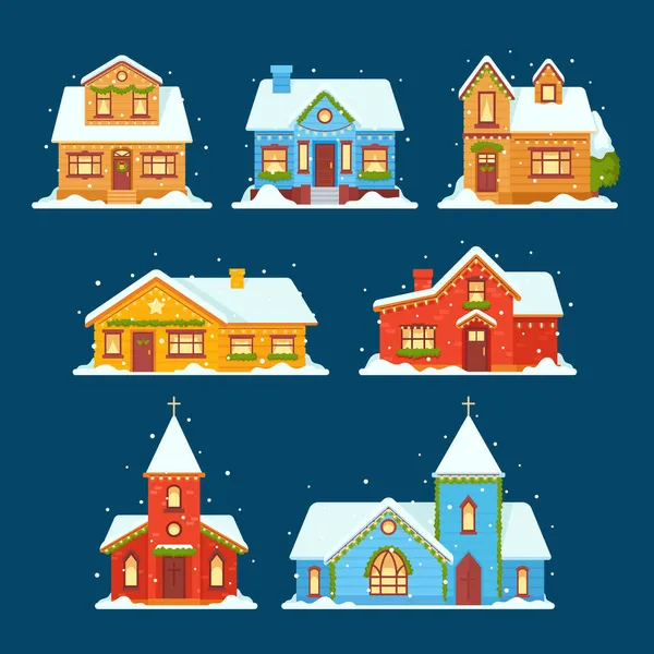 Karácsonyi magánházak, üdülőházak és templomok díszített koszorúk, lucfenyő ágak és hó a tetőn — Stock Vector